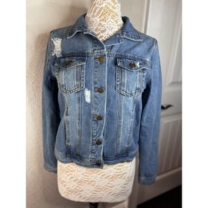 Judith March Distressed Jean Jacket Rhinestone Gypsy W/ Embroidered Stars Boho M